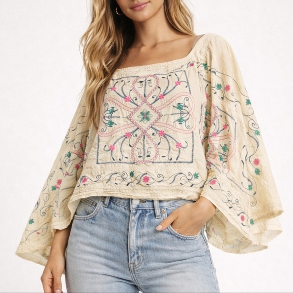Chico's Tops - Chico’s Embroidered Tan Tiered Caftan Blouse, M/L, Boho, Floral, Festival